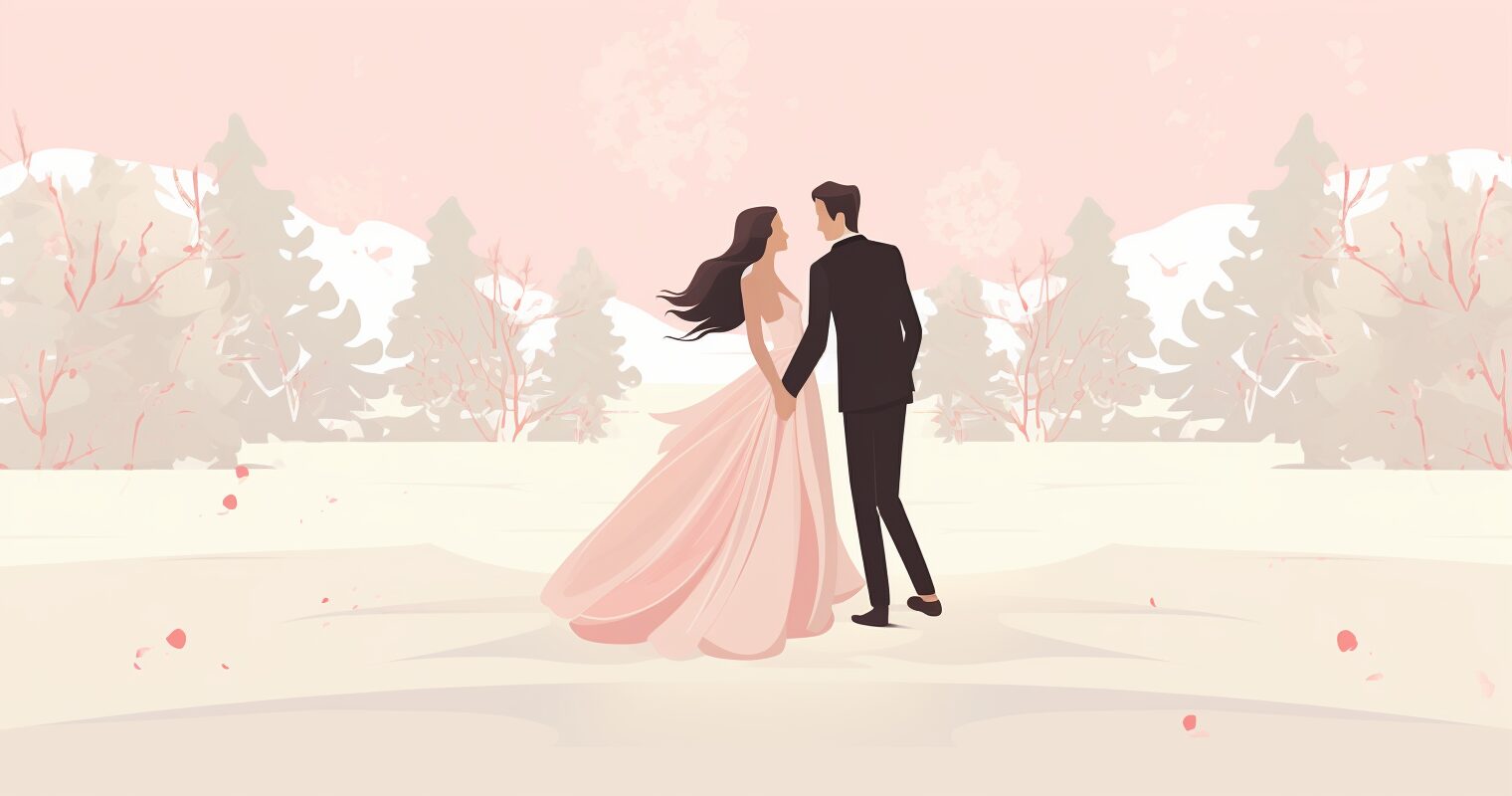 A bride and groom in a snow-covered field.