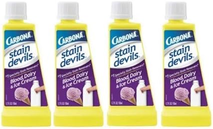 A set of four Carbona Stain Devils sits against a white background. They're all the formula that removes blood, dairy and ice cream so people who learn what free bleeding is can remove stains easily.