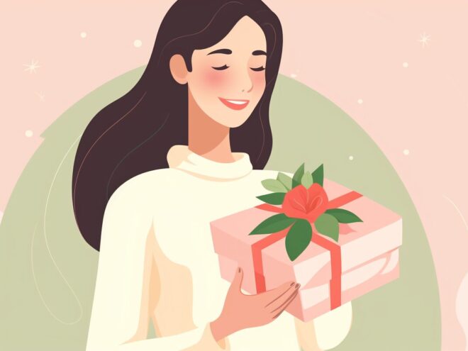 A woman holding a gift.