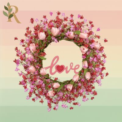 A silk flower wreath covered in pink and red flowers along with blush tulips sits against the Revivalist striped background. The word "love" sits in the middle of the wreath. It's pink and the middle of the "o" is a red heart.