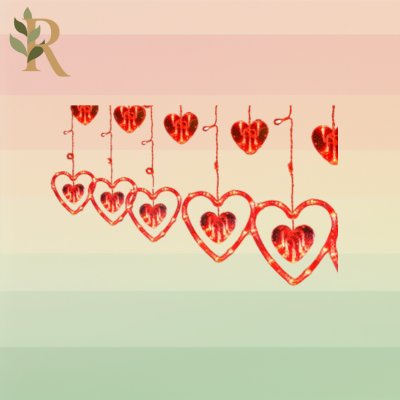 Heart-shaped red string lights hangs against the Revivalist striped background.