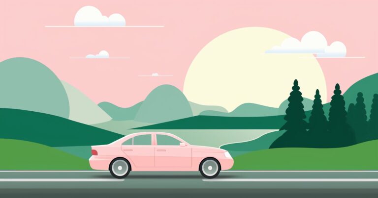 A car driving past a scenic view.