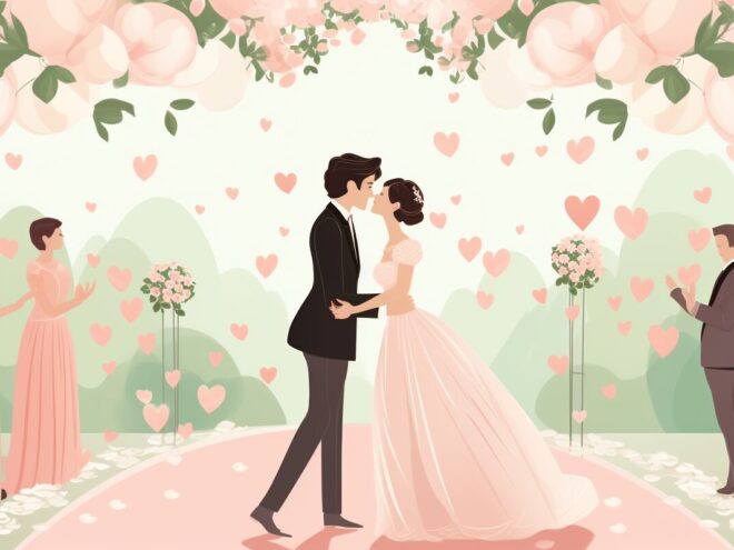 A bride and groom kissing at a wedding.