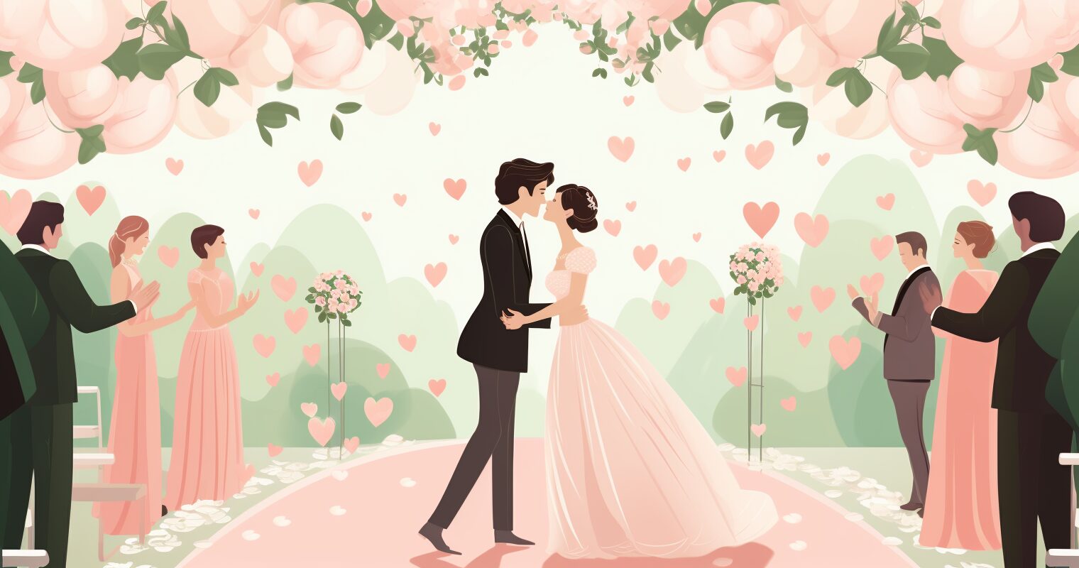 A bride and groom kissing at a wedding.