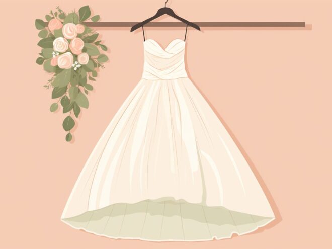 A wedding dress hanging on a rod.