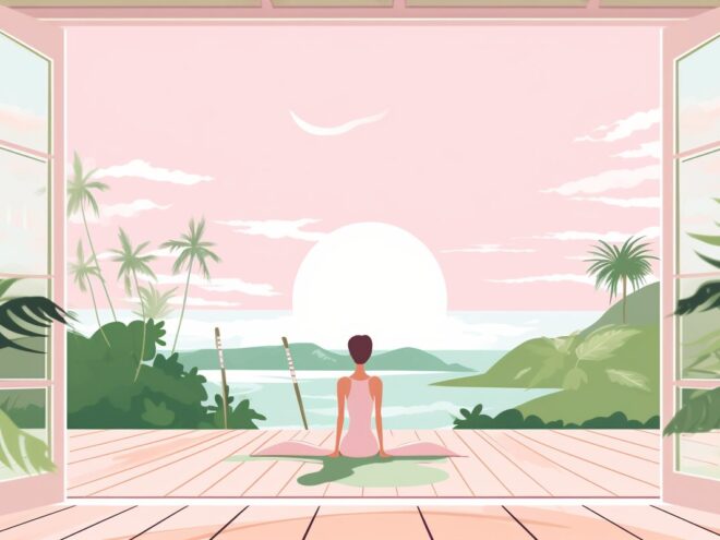 A woman meditating while overlooking an ocean view.