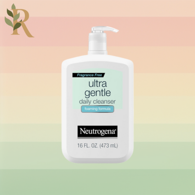 A white bottle of Neutrogena's Ultra Gentle Daily Cleanser sits against the Revivalist branded background.