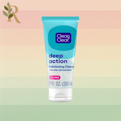 A blue squeeze bottle of Clean & Clear's Deep Action Exfoliating Cleanser sits against the Revivalist branded background.