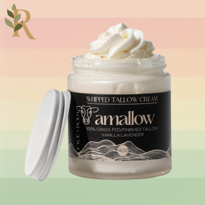 A glass jar of Amallow's Whipped Tallow Cream sits against the Revivalist branded background.