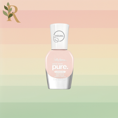 A light pink and white bottle of Sally Hansen Almond Milk nail polish sits against the Revivalist branded background of pink, orange, yellow and green stripes.