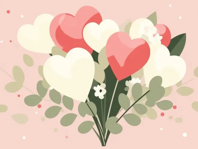 Heart-shaped balloons in a bouquet of flowers.