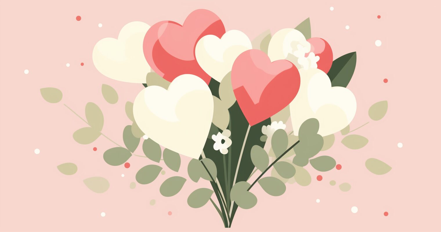 Heart-shaped balloons in a bouquet of flowers.