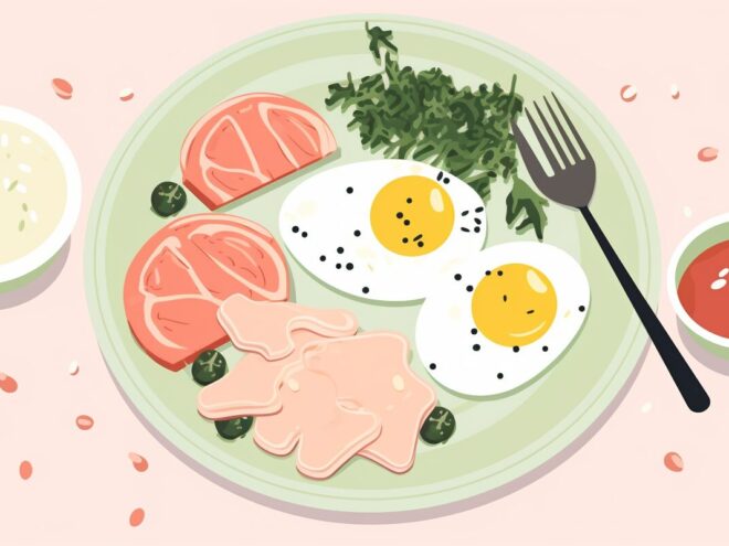 A plate of breakfast food.