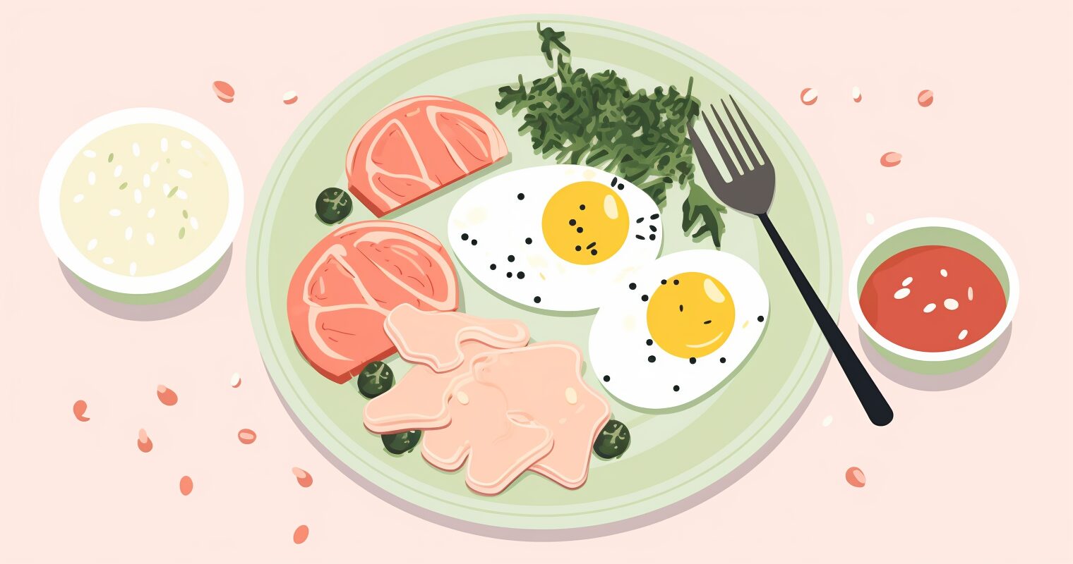 A plate of breakfast food.