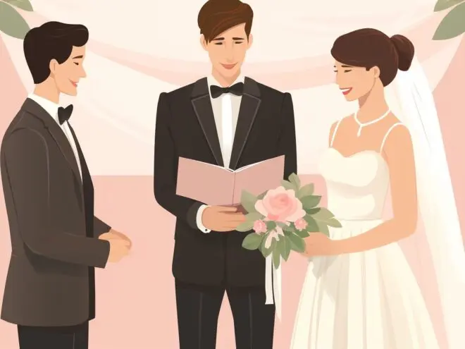 A wedding officiant stands in front of a bride and groom.