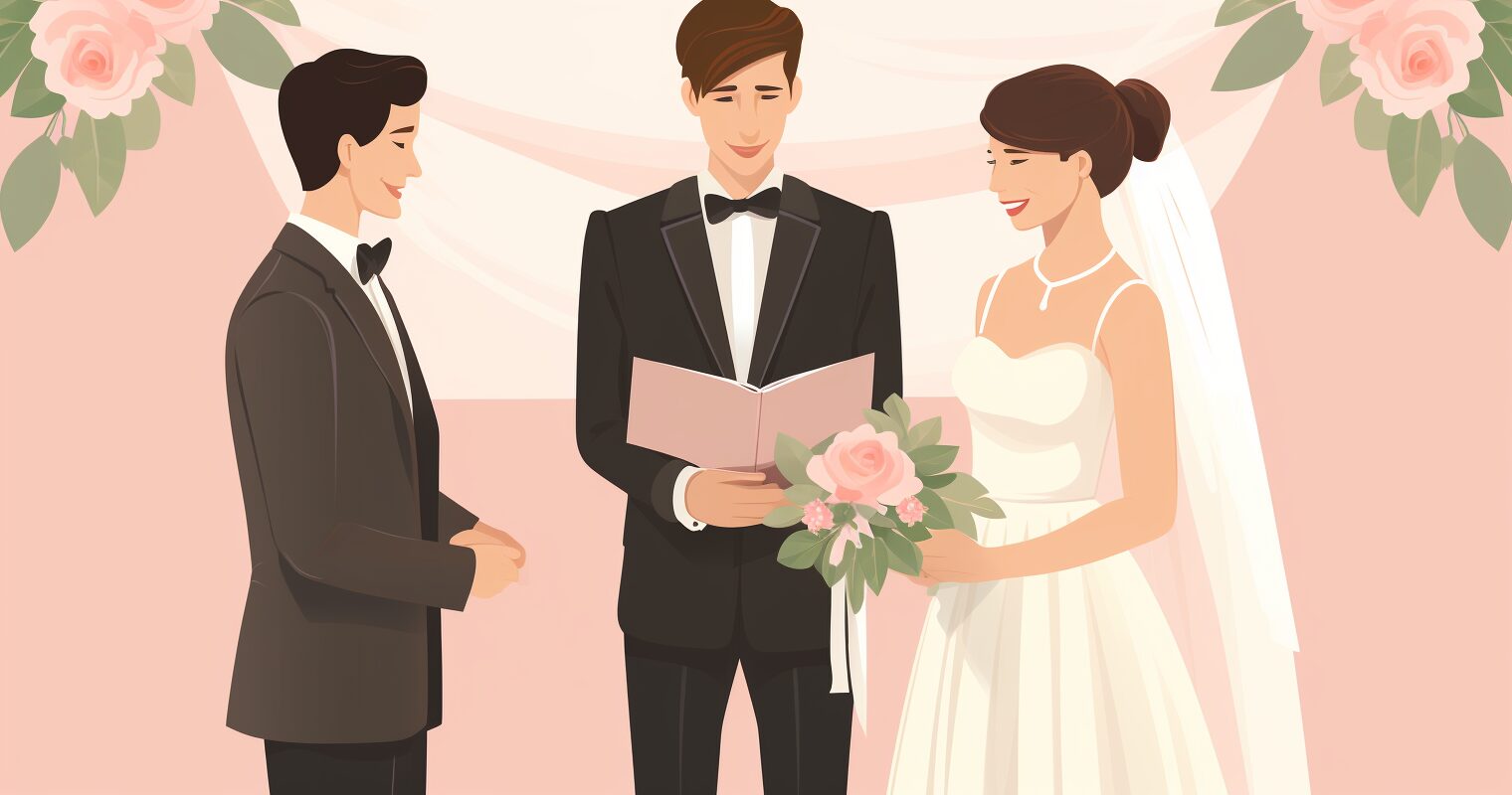 A wedding officiant stands in front of a bride and groom.