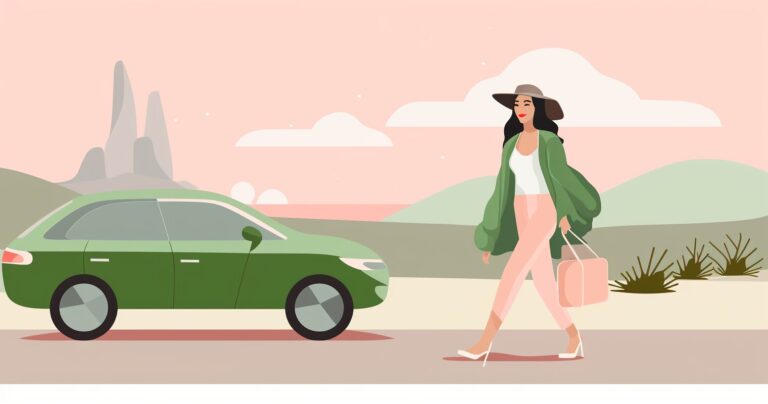 A woman walking overlooking mountains.