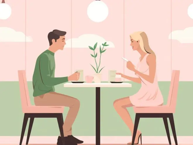 A couple sitting at a table.