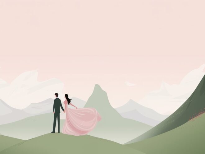 A couple stands on a mountainside.