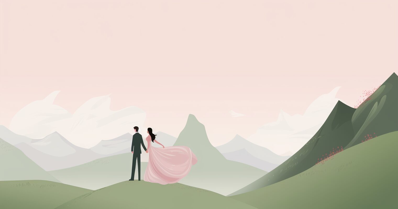 A couple stands on a mountainside.