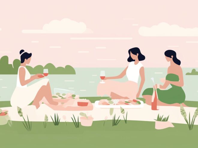 Three women having a picnic.
