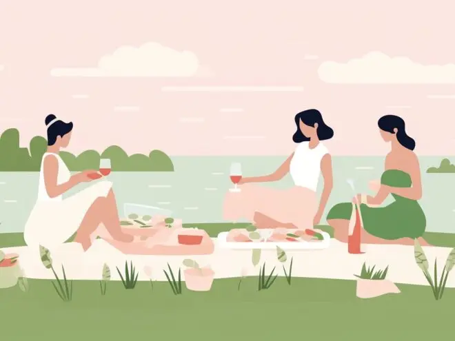 Three women having a picnic.
