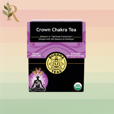 A purple and black box of crown chakra tea from Buddha Teas sits against the Revivalist branded background. It's a key supply for spiritual bath cleanses.