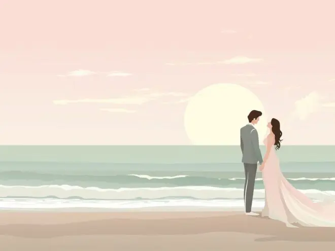 A bride and groom on the beach.