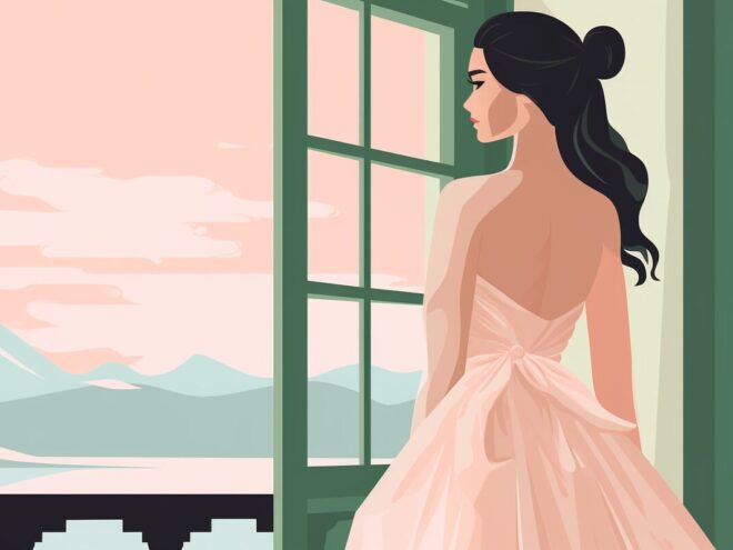 A bride looks out a window.