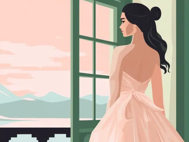 A bride looks out a window.