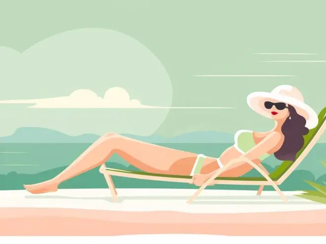 A woman tanning on a beach.