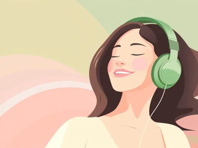 A woman smiling while listening to headphones.