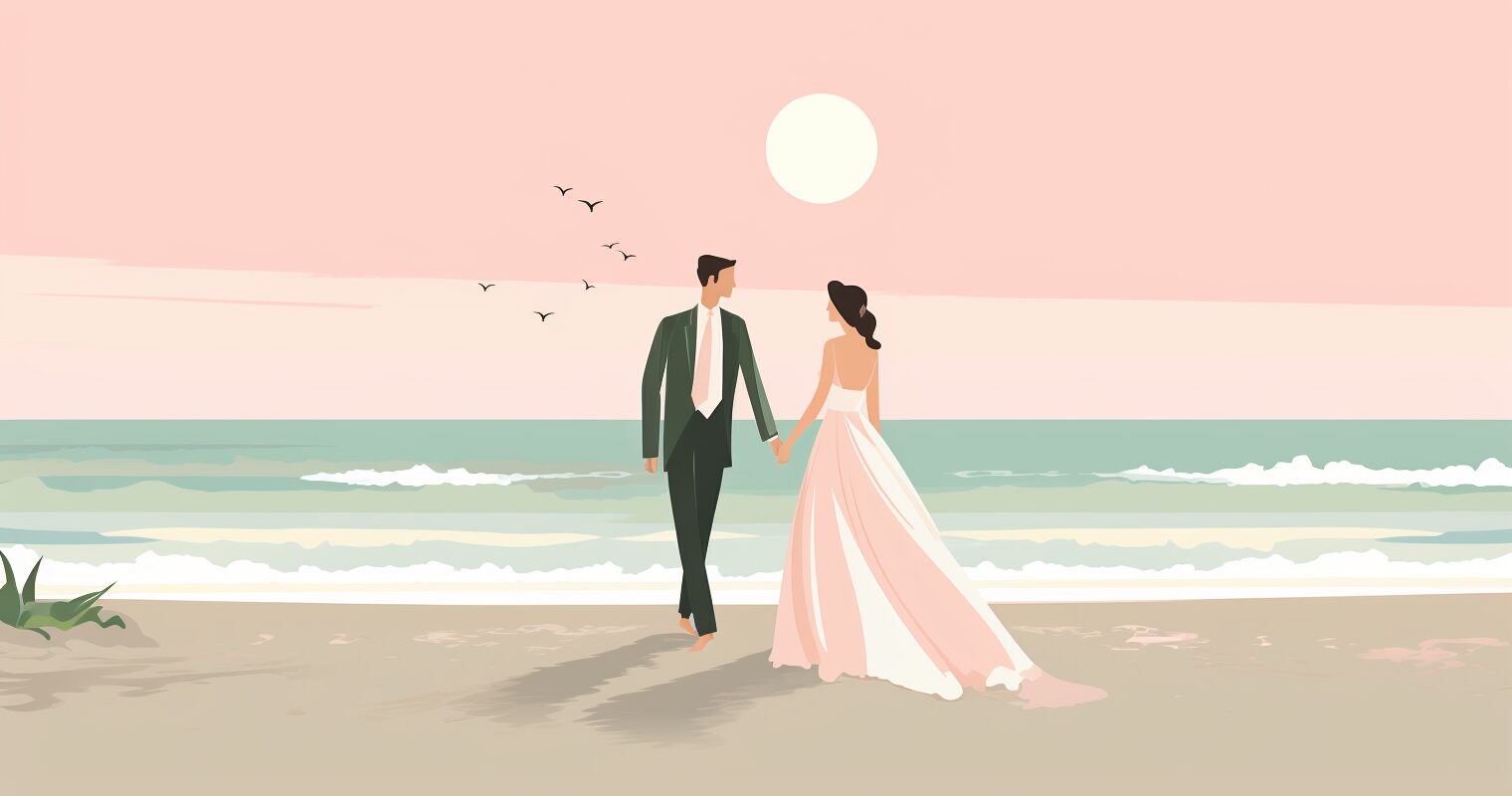 A bride and groom on the beach.