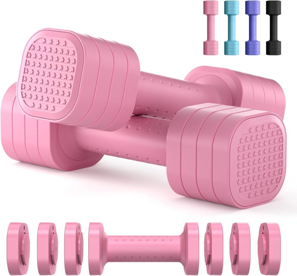 A set of pink dumbbells sits against a white background. Four identical dumbbells sit vertically behind them in pink, blue, purple and black. A pink dumbbell on the bottom sits with its four weighted ends staggered to show they're removable.